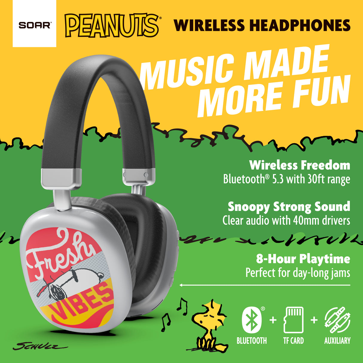 Peanuts Active Noise Cancelling Wireless Headphones Silver- Fresh Vibes