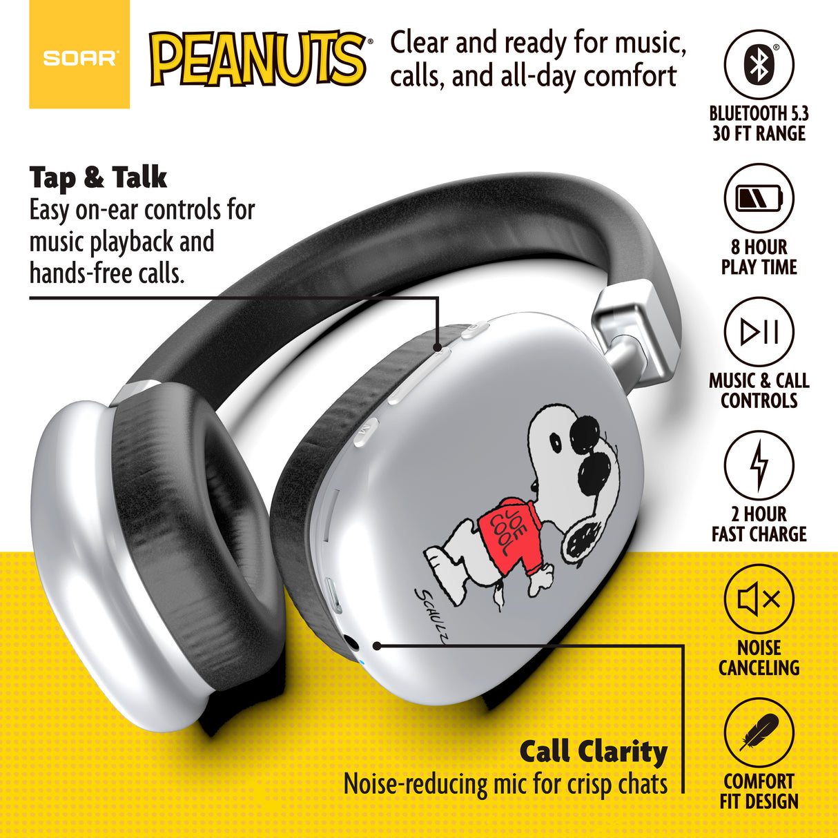Peanuts Active Noise Cancelling Wireless Headphones Silver- Joe Cool