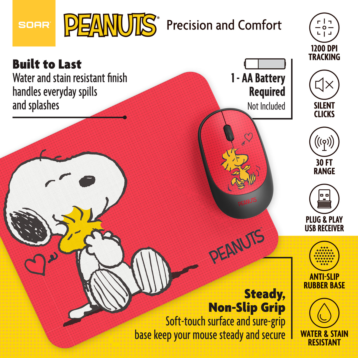 Peanuts Mouse & Mouse Pad Combo Red- Hug