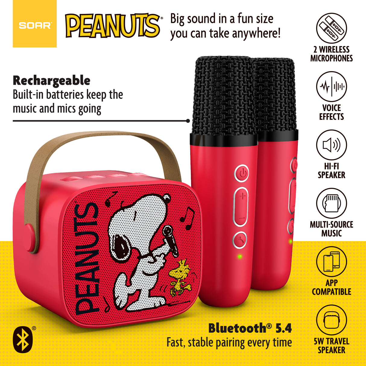 Peanuts Karaoke Set- Wireless Speaker and (2) Karaoke Microphones- Red