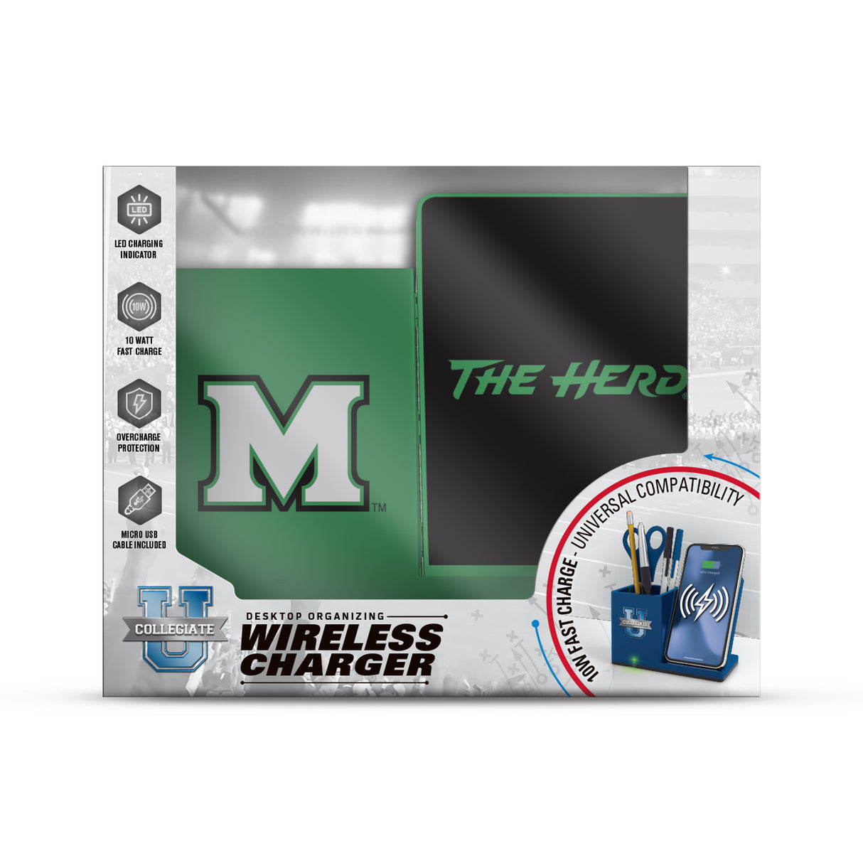 Marshall U NCAA Cell Phone Wireless Charging Stand and Desktop Organizer