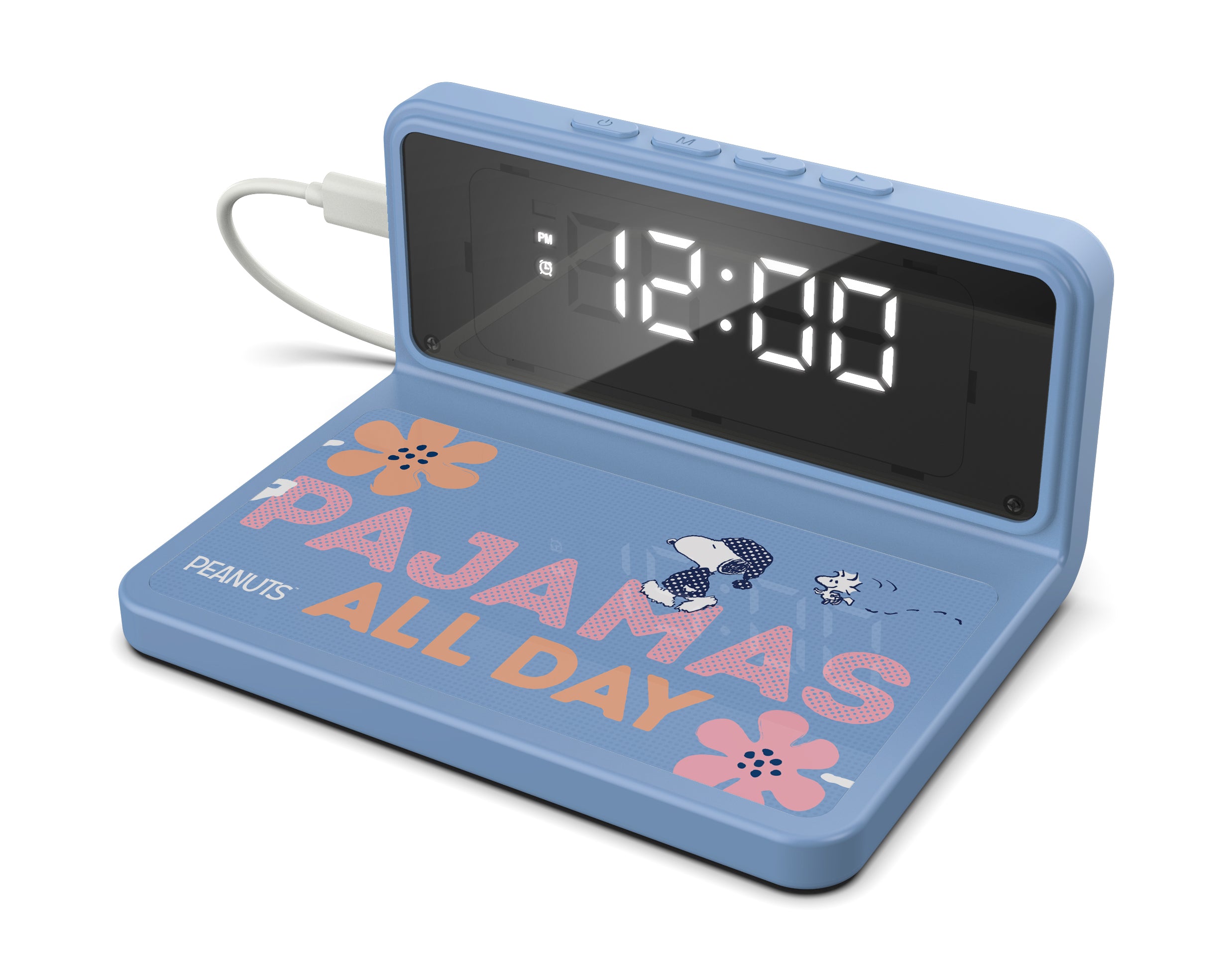 Peanuts In Bloom Blue Floral Alarm Clock and Wireless Charger