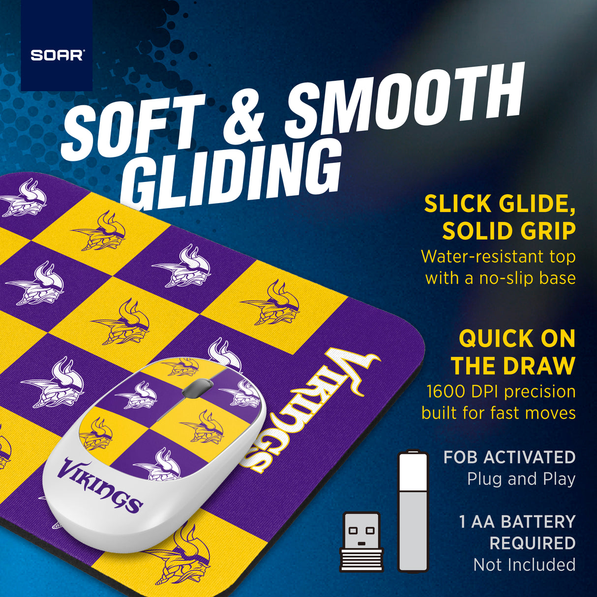 SOAR NFL Wireless Mouse and Mouse Pad- New Checkered Design