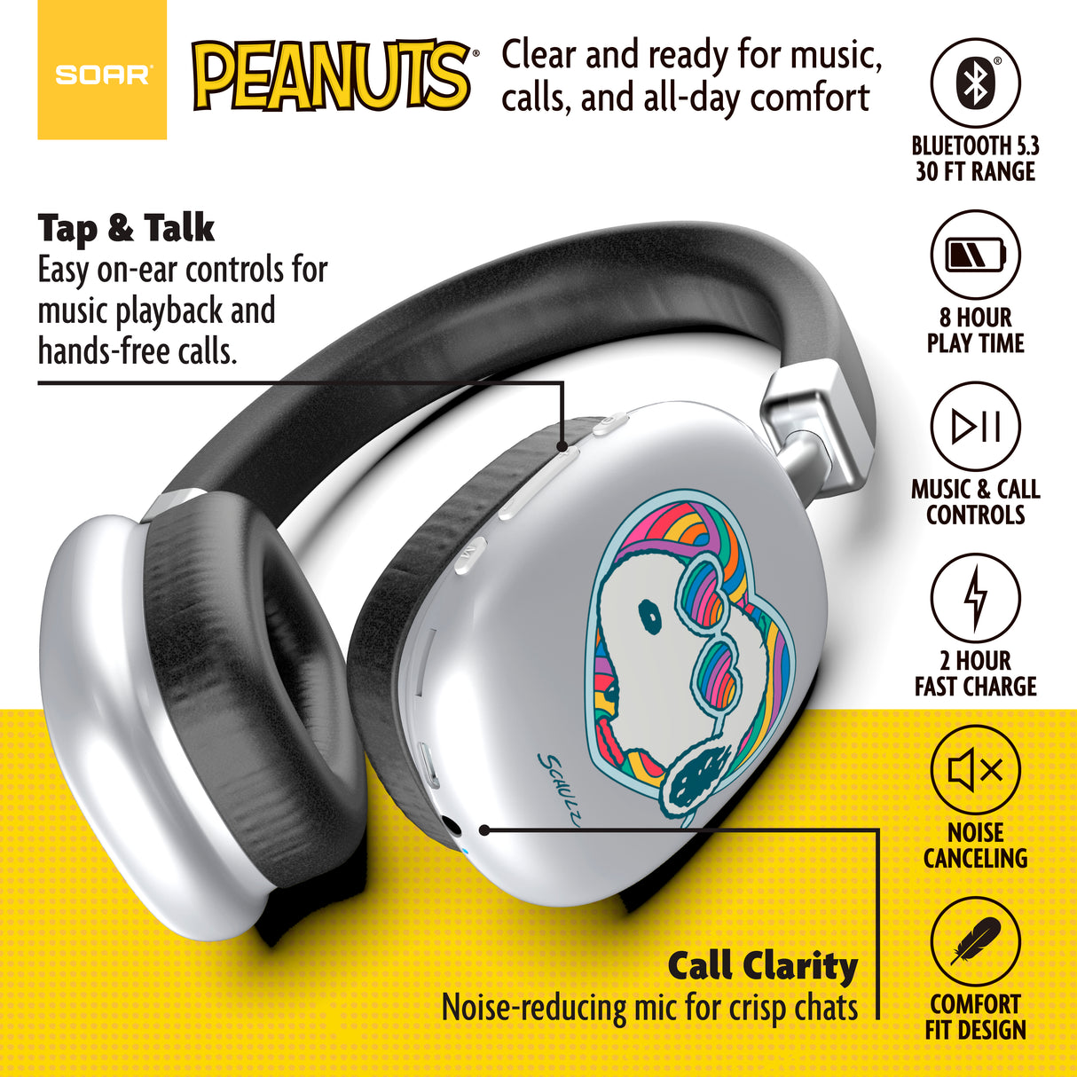 Peanuts Active Noise Cancelling Wireless Headphones Silver- Groovy