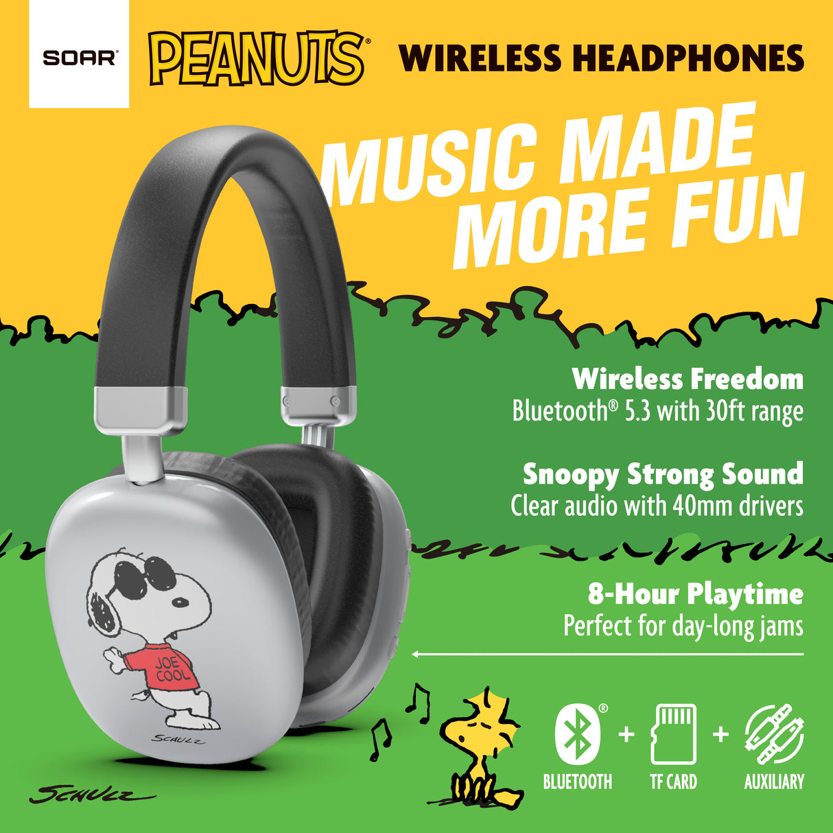 Peanuts Active Noise Cancelling Wireless Headphones Silver- Joe Cool