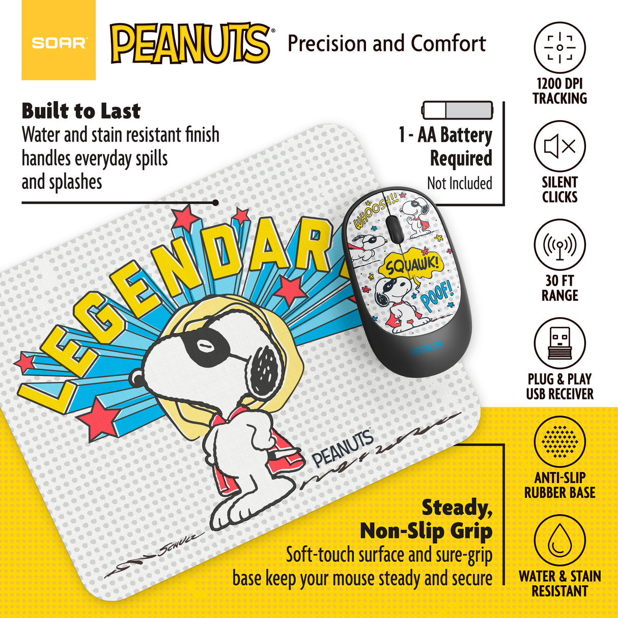 Peanuts Mouse & Mouse Pad Combo White- Legendary Snoopy