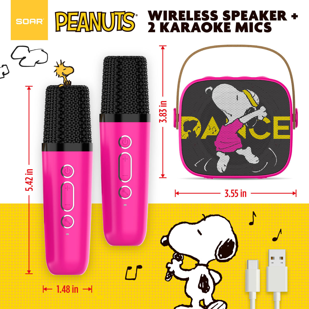 Peanuts Karaoke Set- Wireless Speaker and (2) Karaoke Microphones- Pink