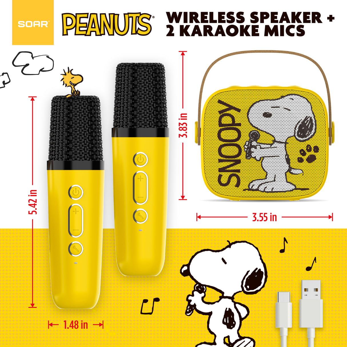 Peanuts Karaoke Set- Wireless Speaker and (2) Karaoke Microphones- Yellow