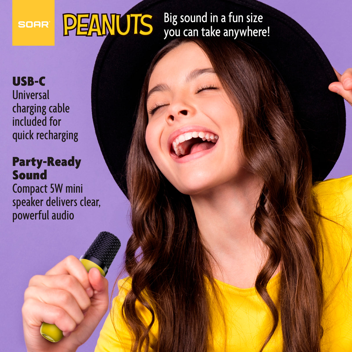 Peanuts Karaoke Set- Wireless Speaker and (2) Karaoke Microphones- Yellow