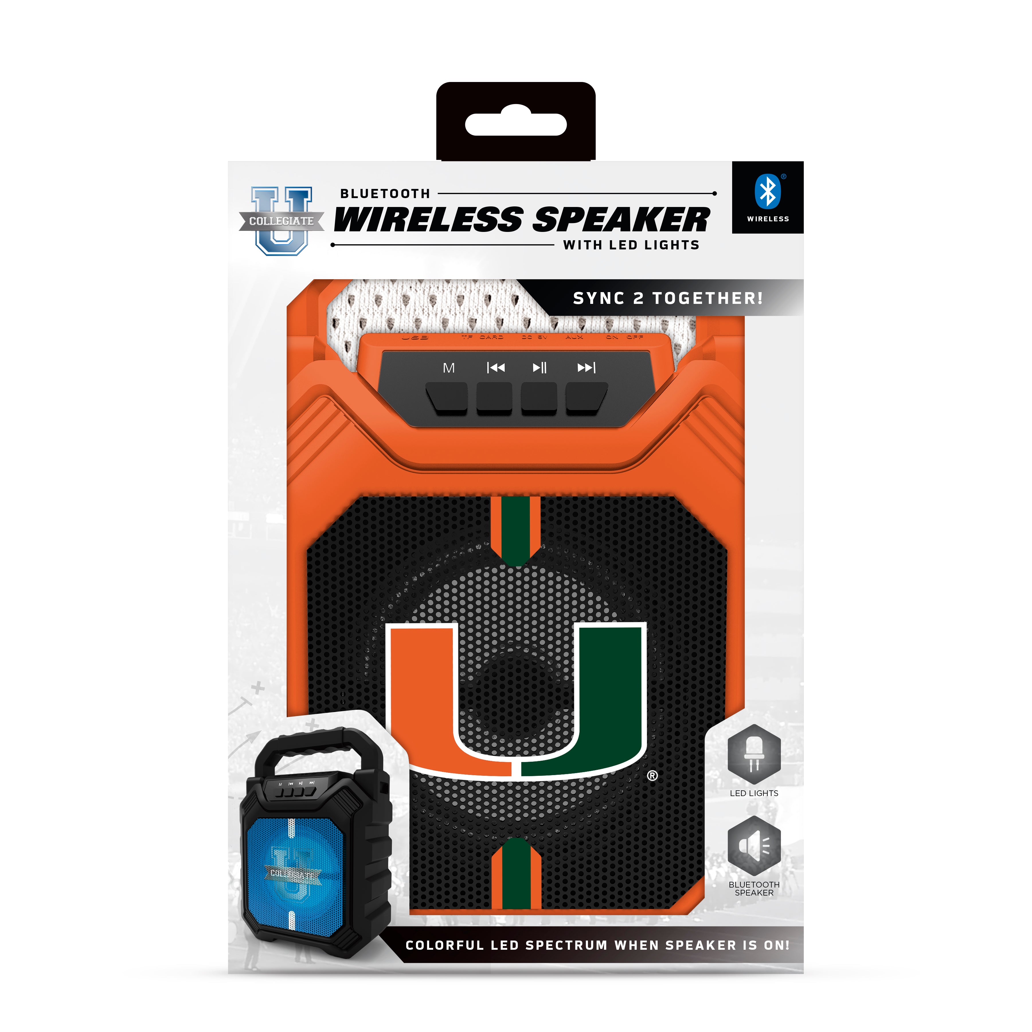 Miami Hurricanes NCAA Syncable Bluetooth Wireless Speaker with LED Lights & FM Radio