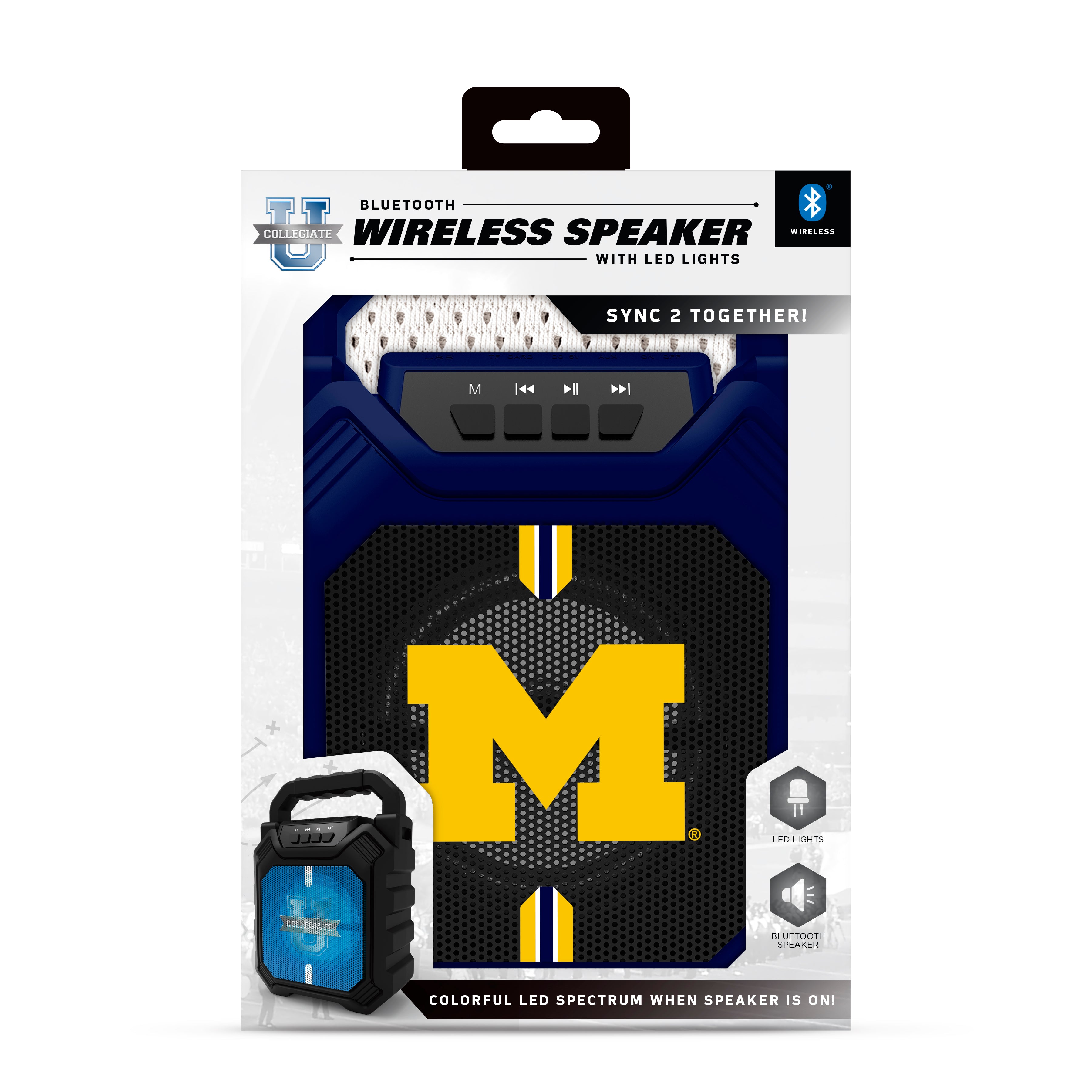 Michigan Wolverines NCAA Syncable Bluetooth Wireless Speaker with LED Lights & FM Radio