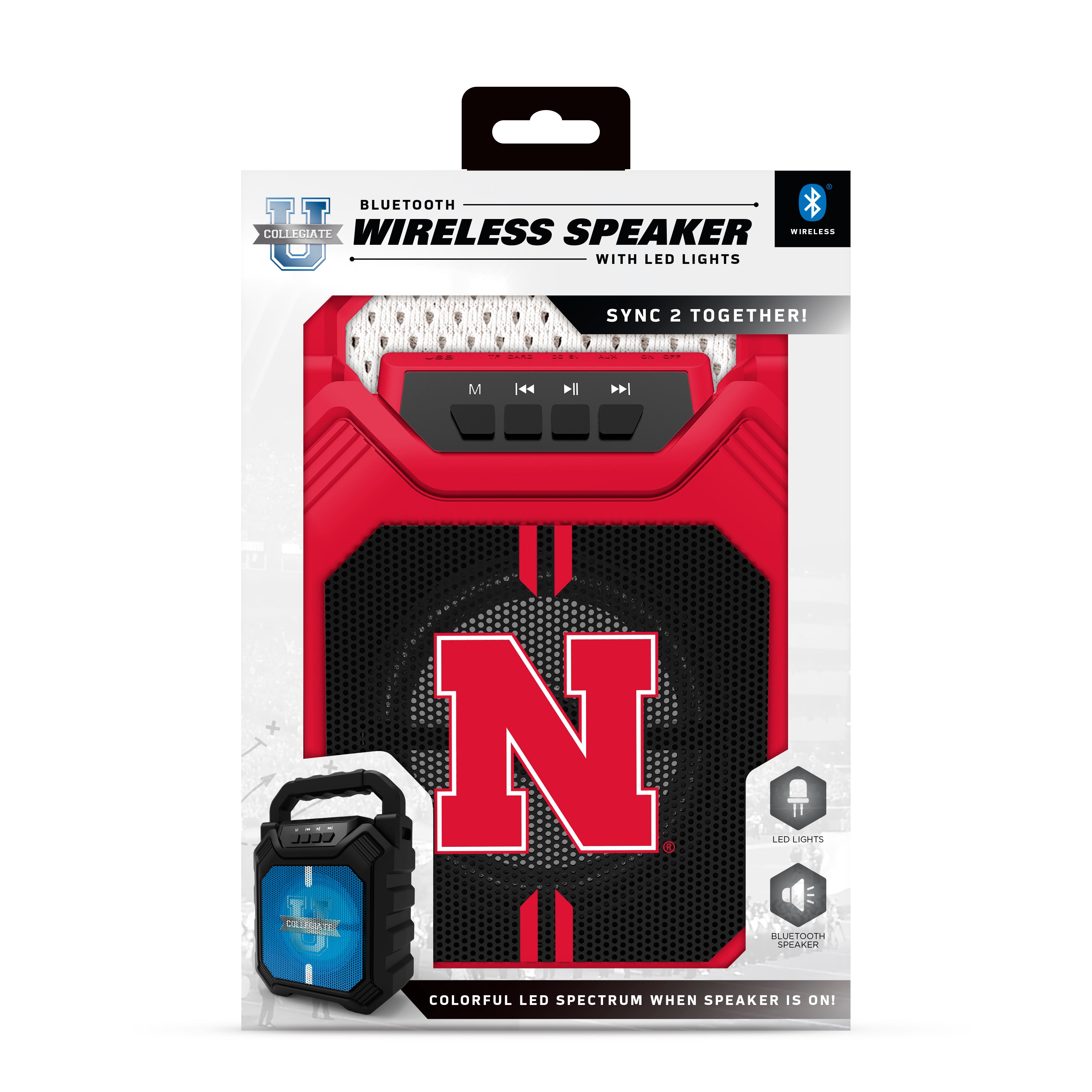 Nebraska Cornhuskers NCAA Syncable Bluetooth Wireless Speaker with LED Lights & FM Radio